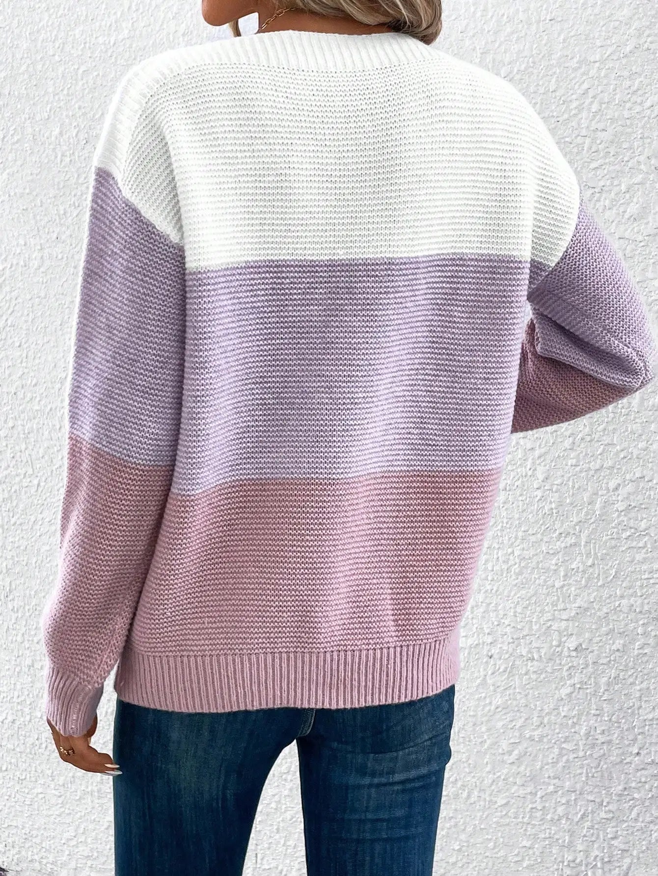 Elegant Three-Color Patchwork Knitted Sweater