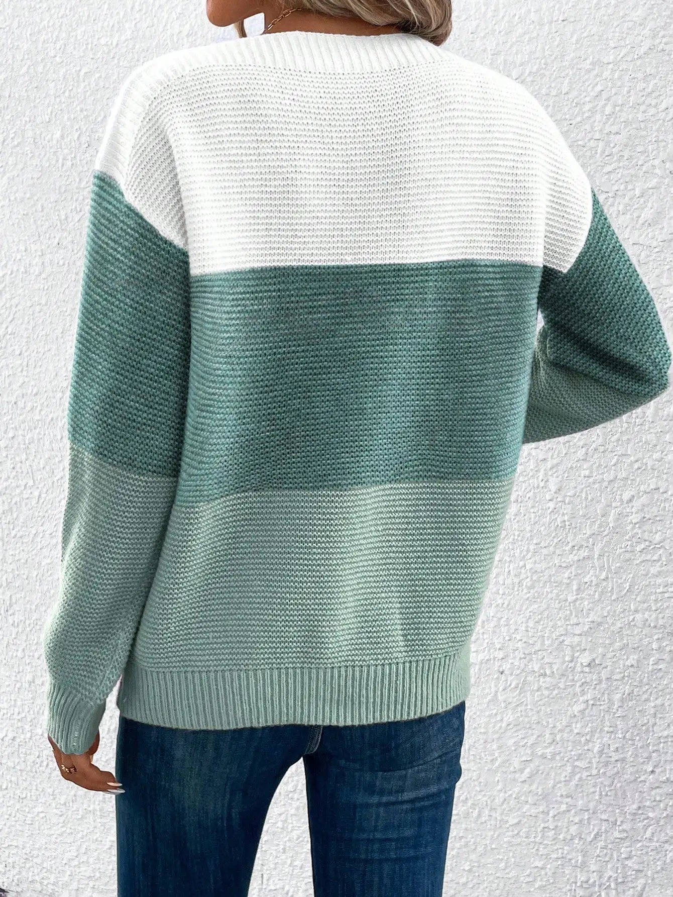 Elegant Three-Color Patchwork Knitted Sweater