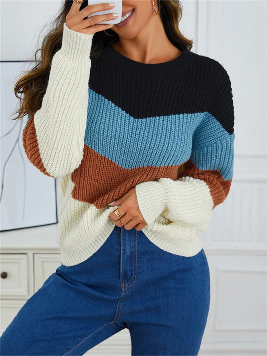 Trendy Color-Block Striped Knit Sweater