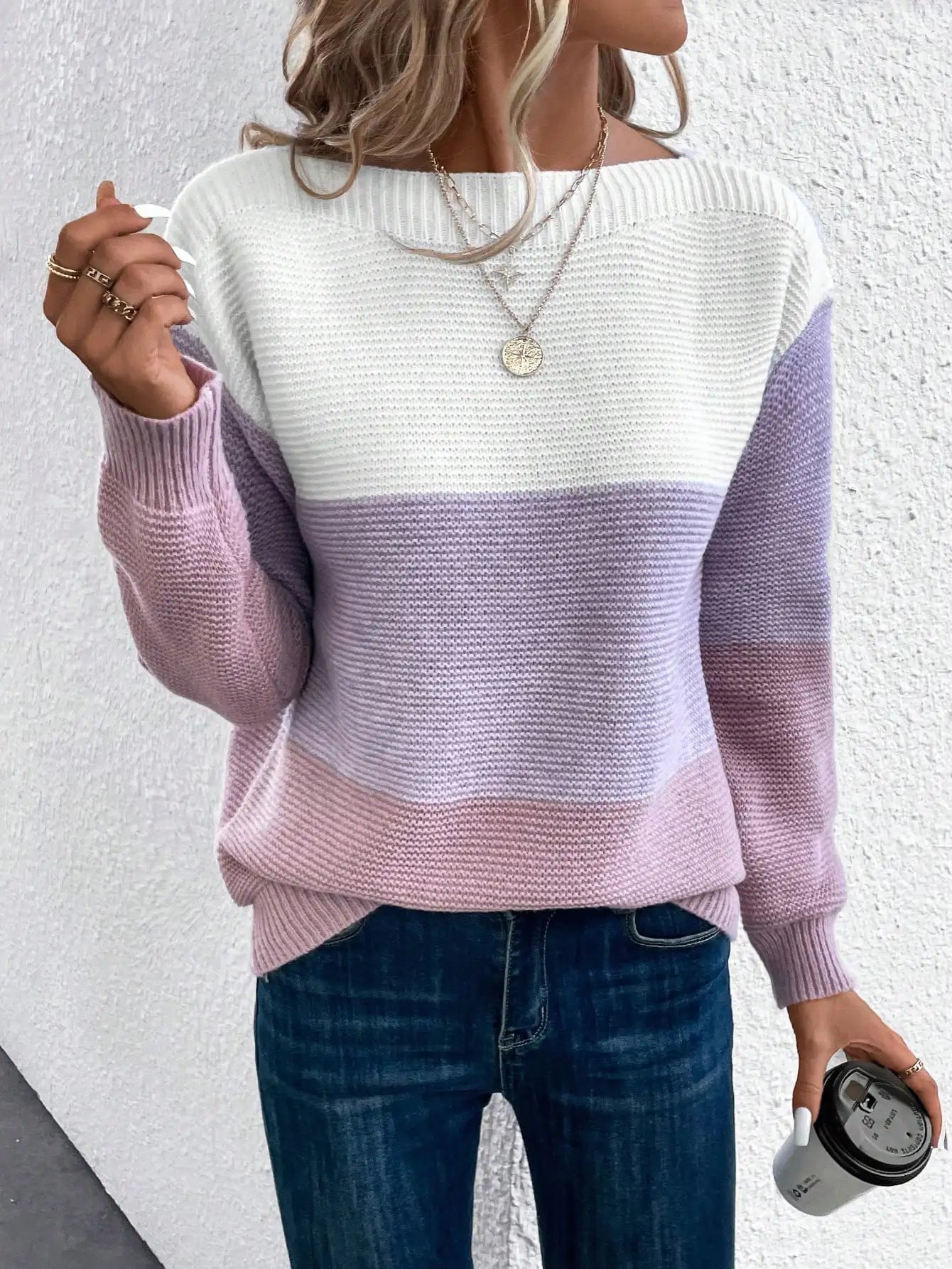 Elegant Three-Color Patchwork Knitted Sweater