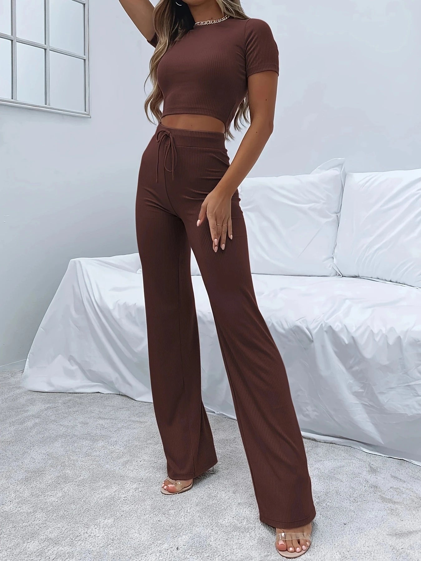 Sexy Solid Color Crop Top & Slim Fit Pants Set