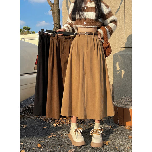 Vintage Belted Corduroy Midi Skirt