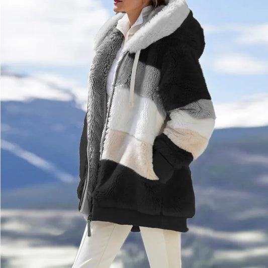 Winter Hooded Zipper Plaid Cashmere Coat