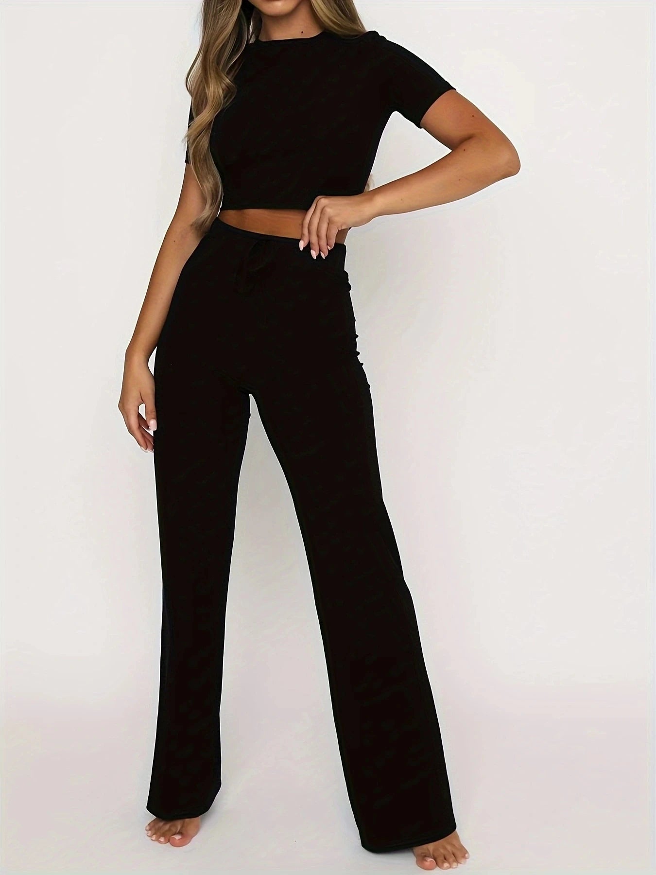 Sexy Solid Color Crop Top & Slim Fit Pants Set