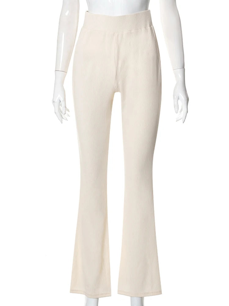 Solid High-Waist Embossed Elastic Trousers