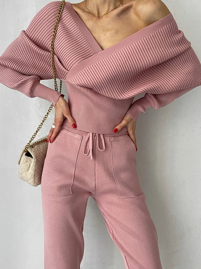 Sexy Off-Shoulder Knitted Sweater & Pants Set