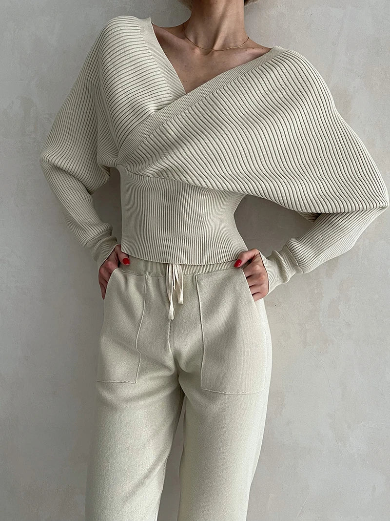 Sexy Off-Shoulder Knitted Sweater & Pants Set