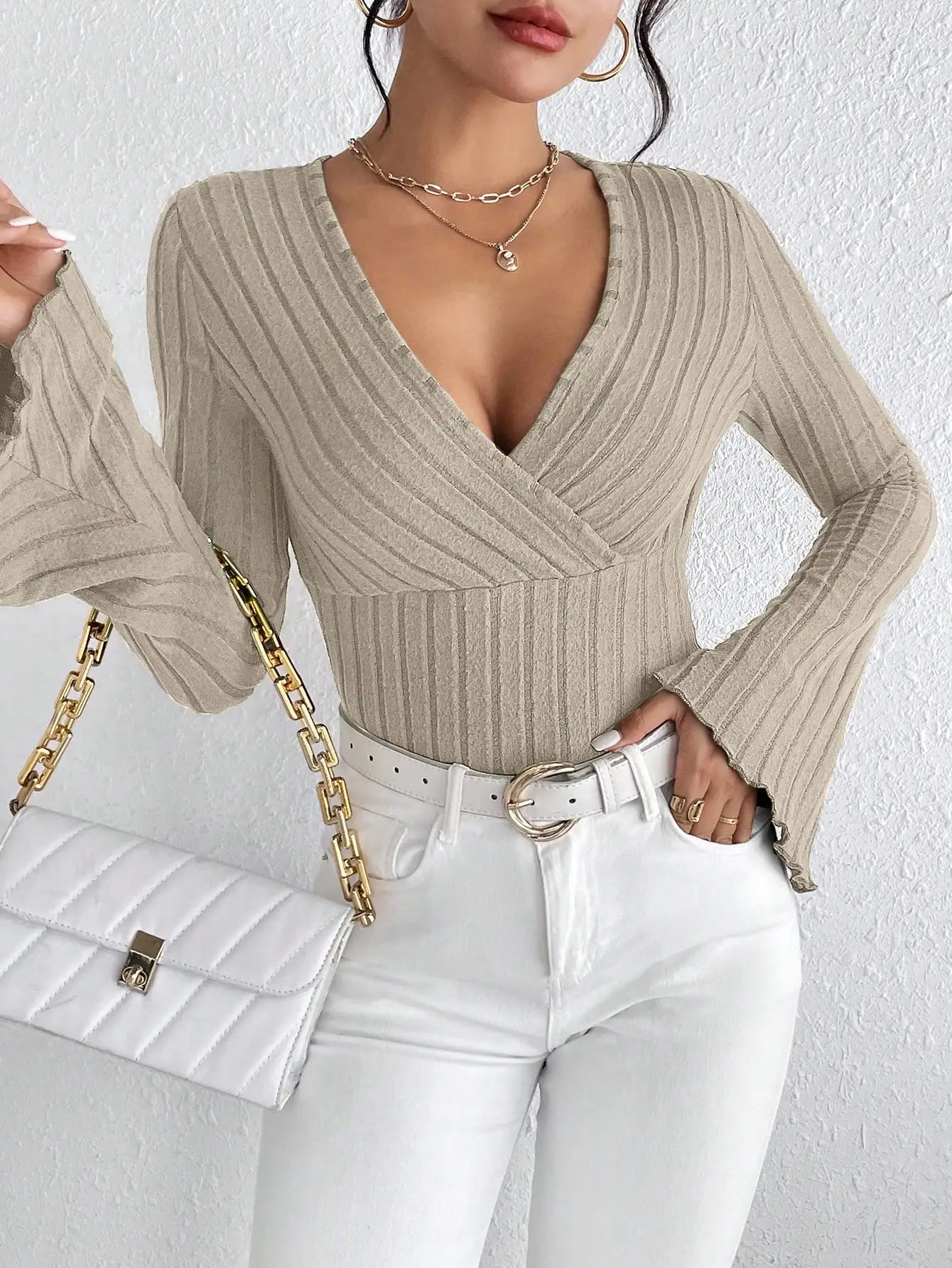 V-Neck Striped Knit Slim Fit Top