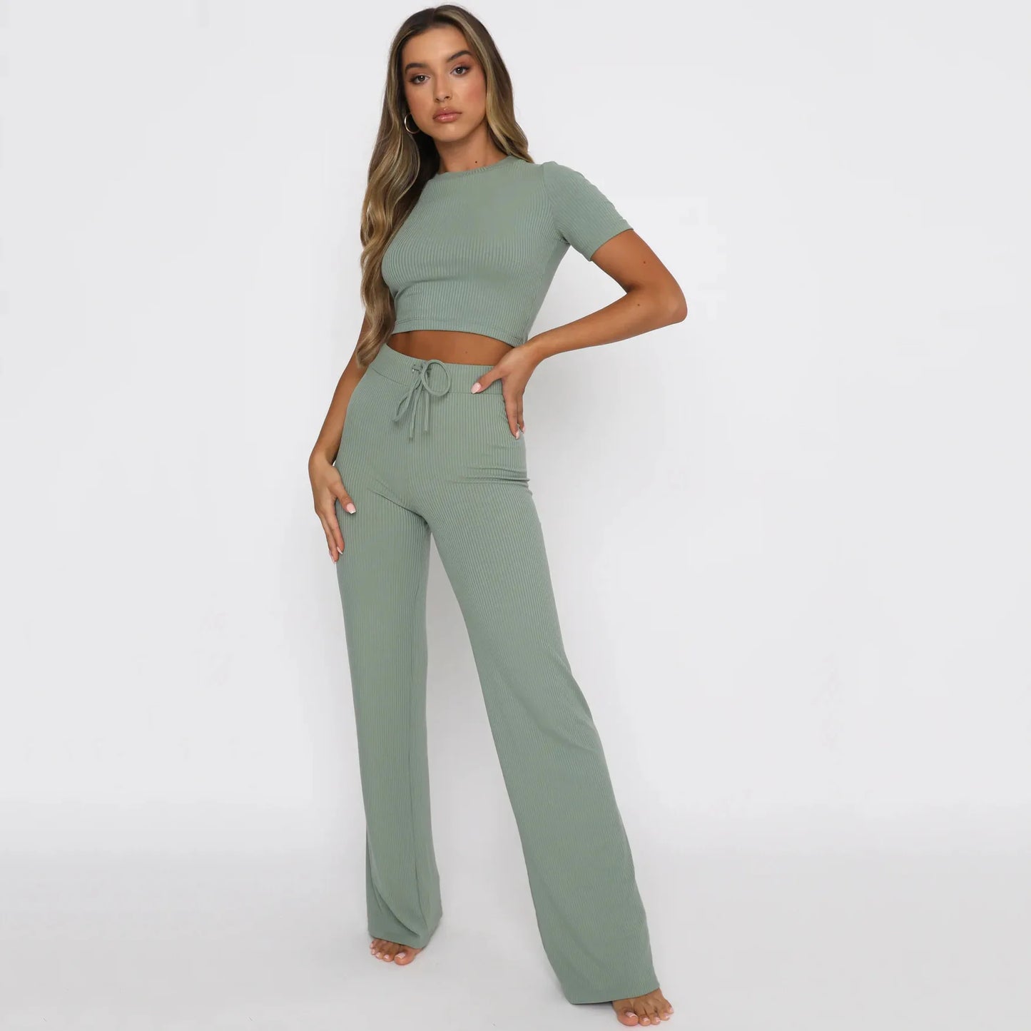 Sexy Solid Color Crop Top & Slim Fit Pants Set