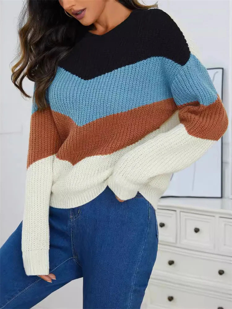 Trendy Color-Block Striped Knit Sweater